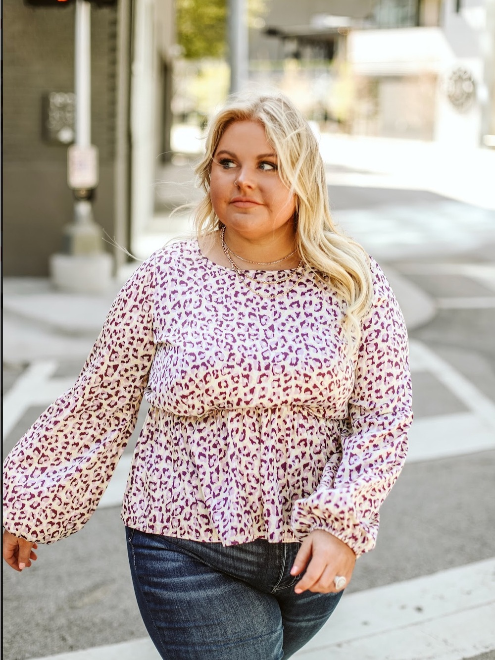 Plus Size Pink Leopard Print Long Sleeve Peplum Top NWT satin like material